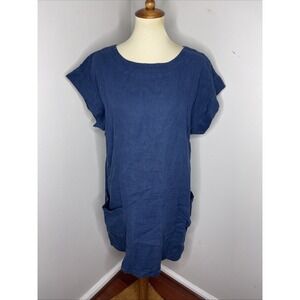 Bryn Walker Blue Linen Short Sleeve Shift Dress Lagenlook Medium M